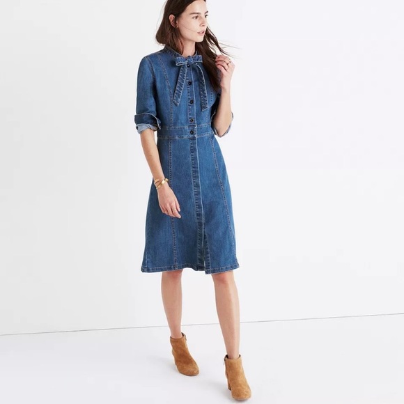 tie neck denim dress
